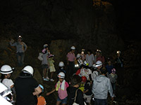夜の森でヘルメットを着けた親子や参加者たちが集まって観察をしている写真