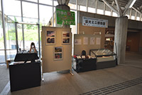 室内に写真の貼られたホワイトボードやガラス張りのショーケースが設置されている様子の写真