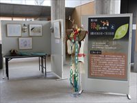 室内にホワイトボードが設置されその近くに衣装や民具が置かれている展示風景の写真