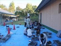 屋外の建物脇でシートを敷いた会場に集まった親子や児童たちが作業をしている写真