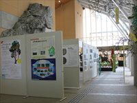 ホールに展示物が貼られたパーテーションが通路になるように置かれている写真