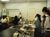 理科室で児童たちが机を囲んで顕微鏡の使い方を学んでいる様子の写真