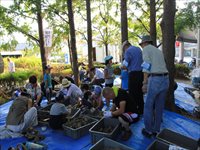 屋外の木陰で地域の人たちがブルーシートの上に集まり作業や交流をしている様子を後ろから写した写真