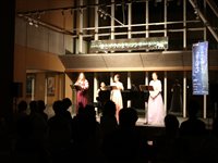 夜の屋内ステージで複数の出演者が並んでパフォーマンスをしている様子を客席から写した写真