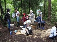 森の中で児童と大人たちが集まって自然観察や作業をしている写真