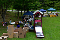 芝生広場にテントと遊具が設置された屋外イベント会場の写真