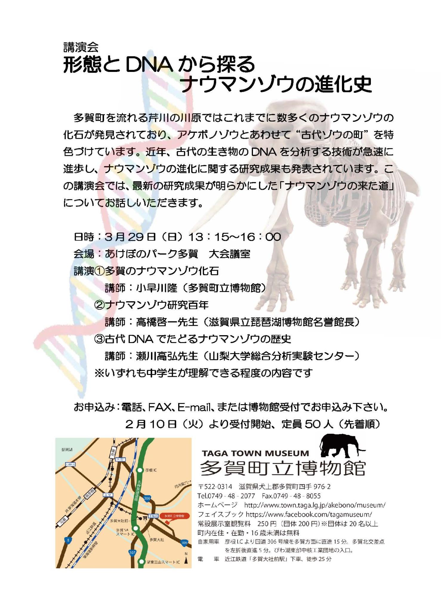 「形態とDNAから探るナウマンゾウの進化史」の講演会の詳細が載ったチラシ