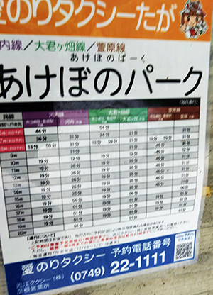 予約型乗合タクシー愛のりタクシーのあけぼのパークの時刻表を示した案内図