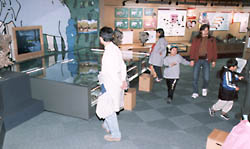 博物館の展示コーナーで、動物のパネルや中央のガラスケースを囲んで見学する大人と子供たちの様子の写真