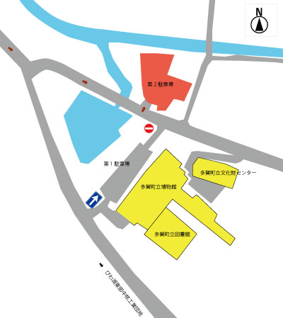 多賀町文化財センター周辺の施設配置と第1第2駐車場を示した案内地図