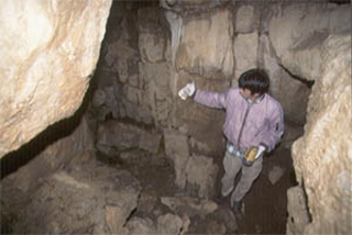 洞窟のくぼみの中で岩肌を触る一人の男性の写真