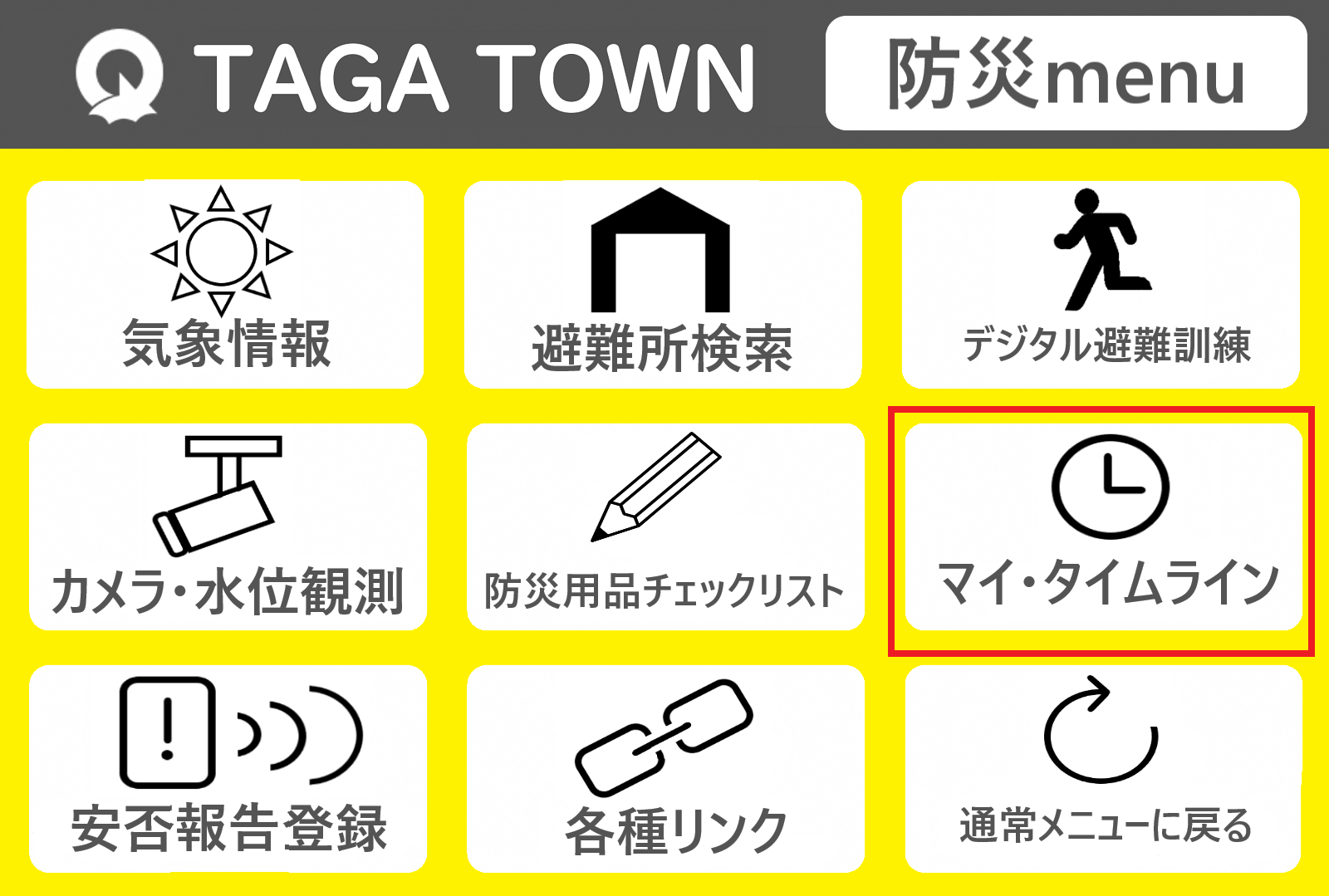防災メニュー一覧と中央右にマイ・タイムラインが赤四角で囲ってあるイラスト図