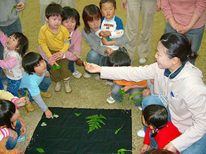 真ん中に黒い四角い敷物があり、そこに葉っぱが置かれていて、そこを囲む親子たちの写真