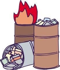三本のドラム缶に可燃物が入っていて、そのうち一本から火が出ているイラスト
