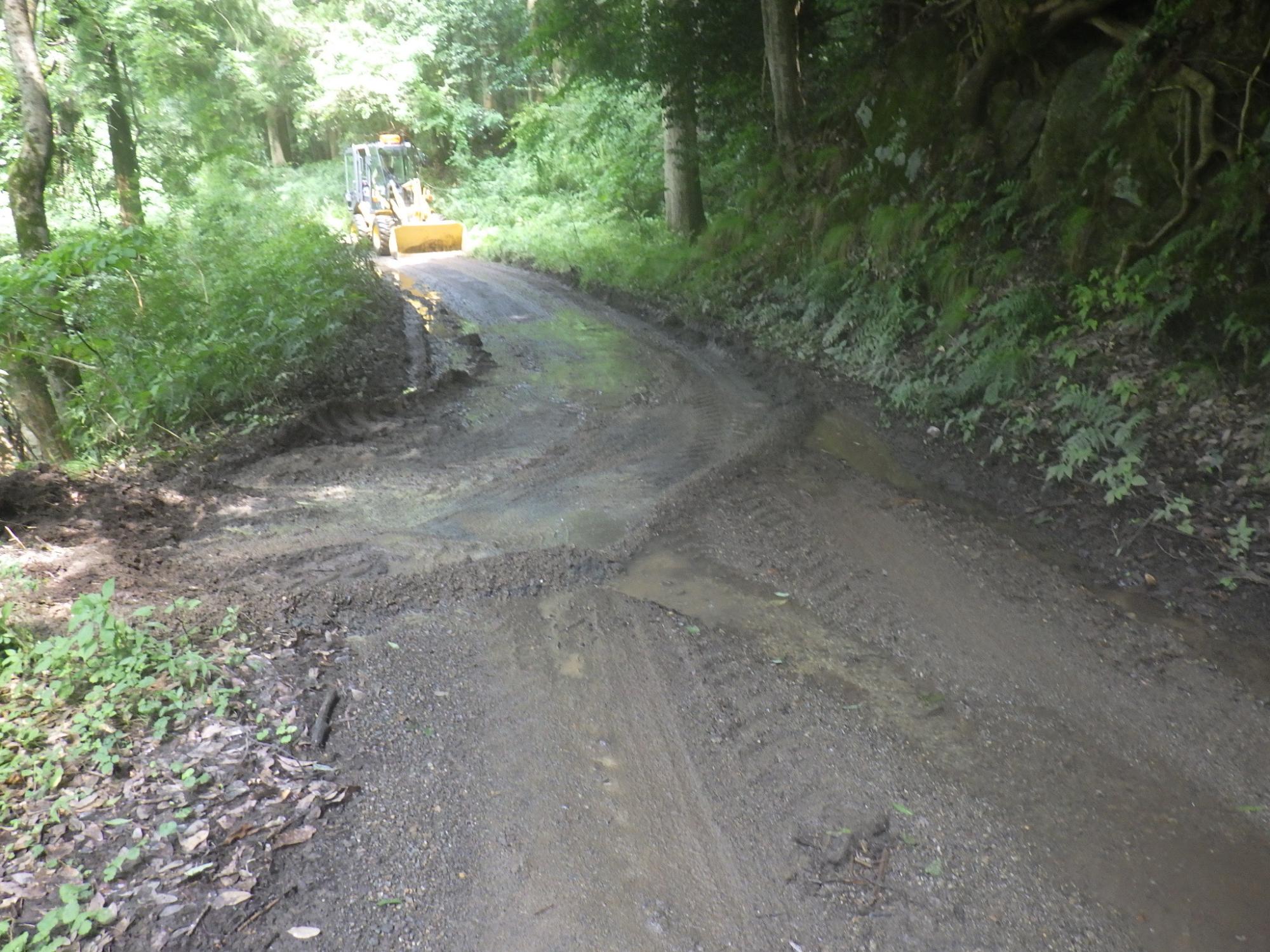 緑の生えた山道の間をショベルカーのような機械がぬって走っている写真