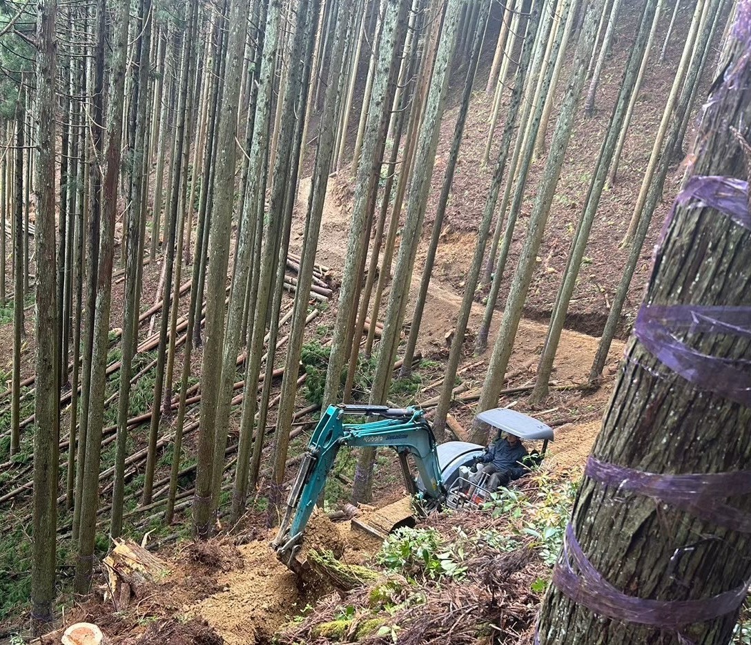 木々が沢山生え茂っている山の中を水色のショベルカーが動いている写真