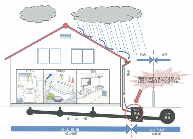 雨水が公共汚水桝につながっていないか点検を促すイラスト