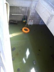 水没したポンプ場にオレンジ色の浮輪が浮いている写真